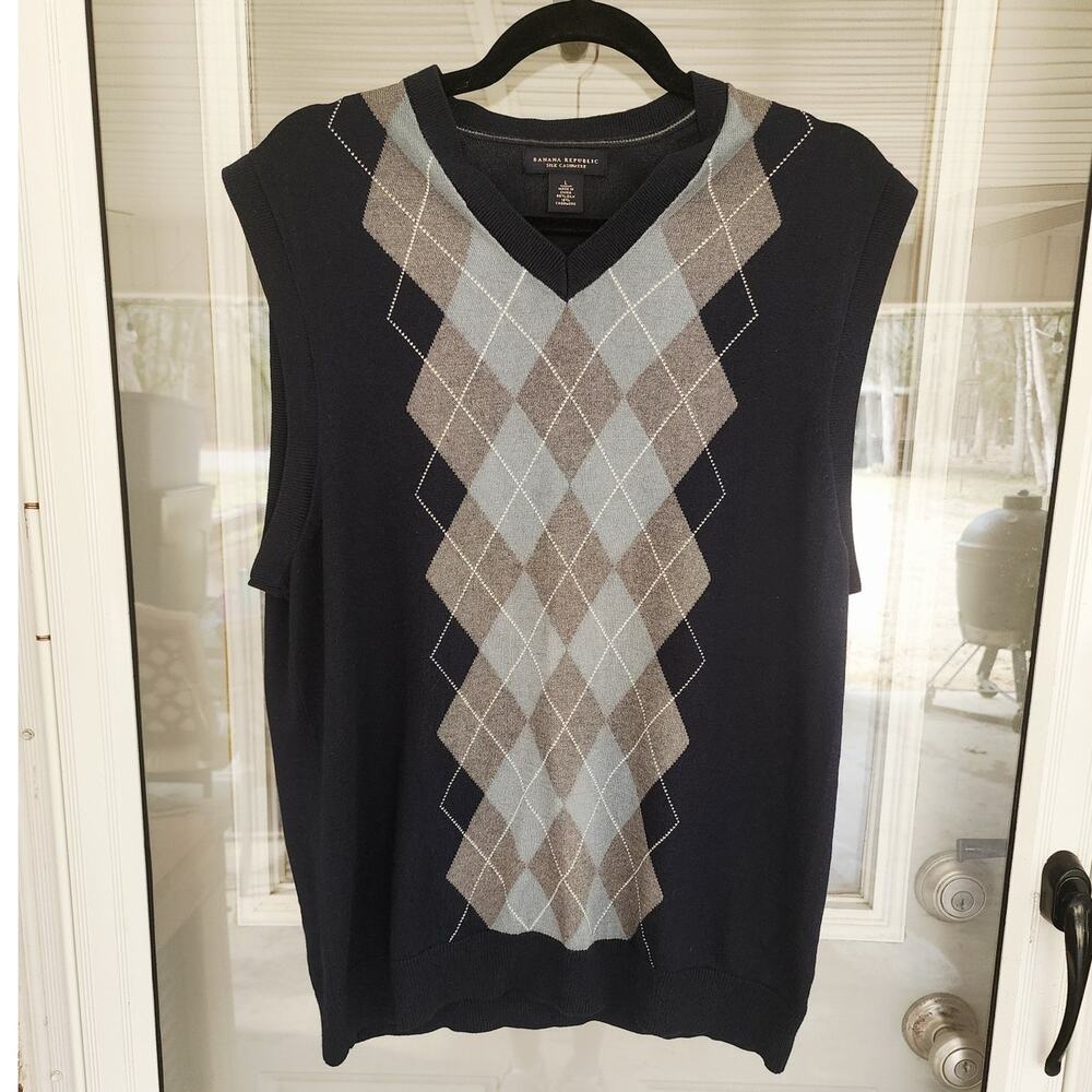 Banana Republic Men's Large Blue Argyle V-Neck Sweater Vest Silk Cashmere Blend